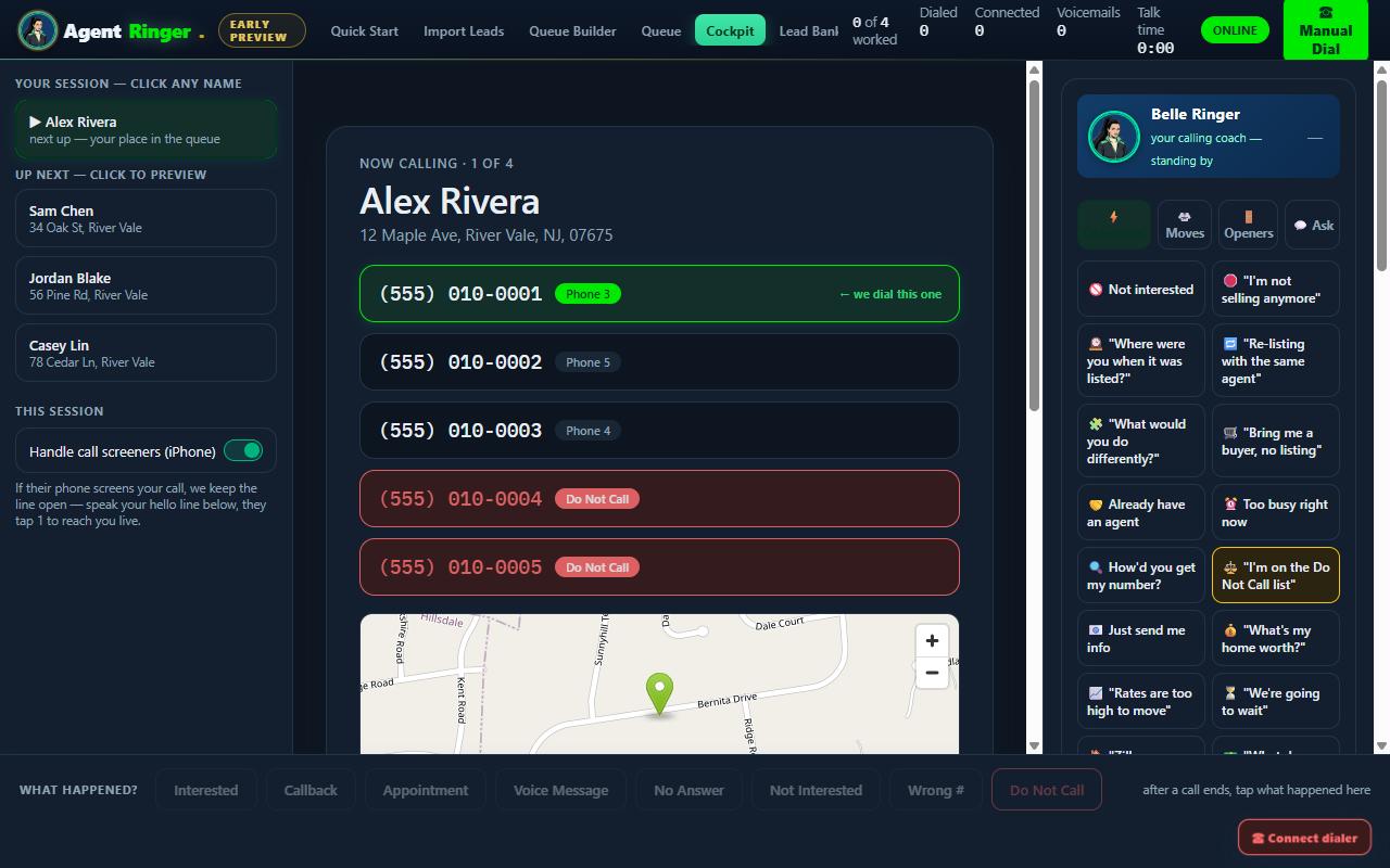 The AgentRinger cockpit: lead card with phone numbers, live map, calling-coach chips, and one-tap dispositions